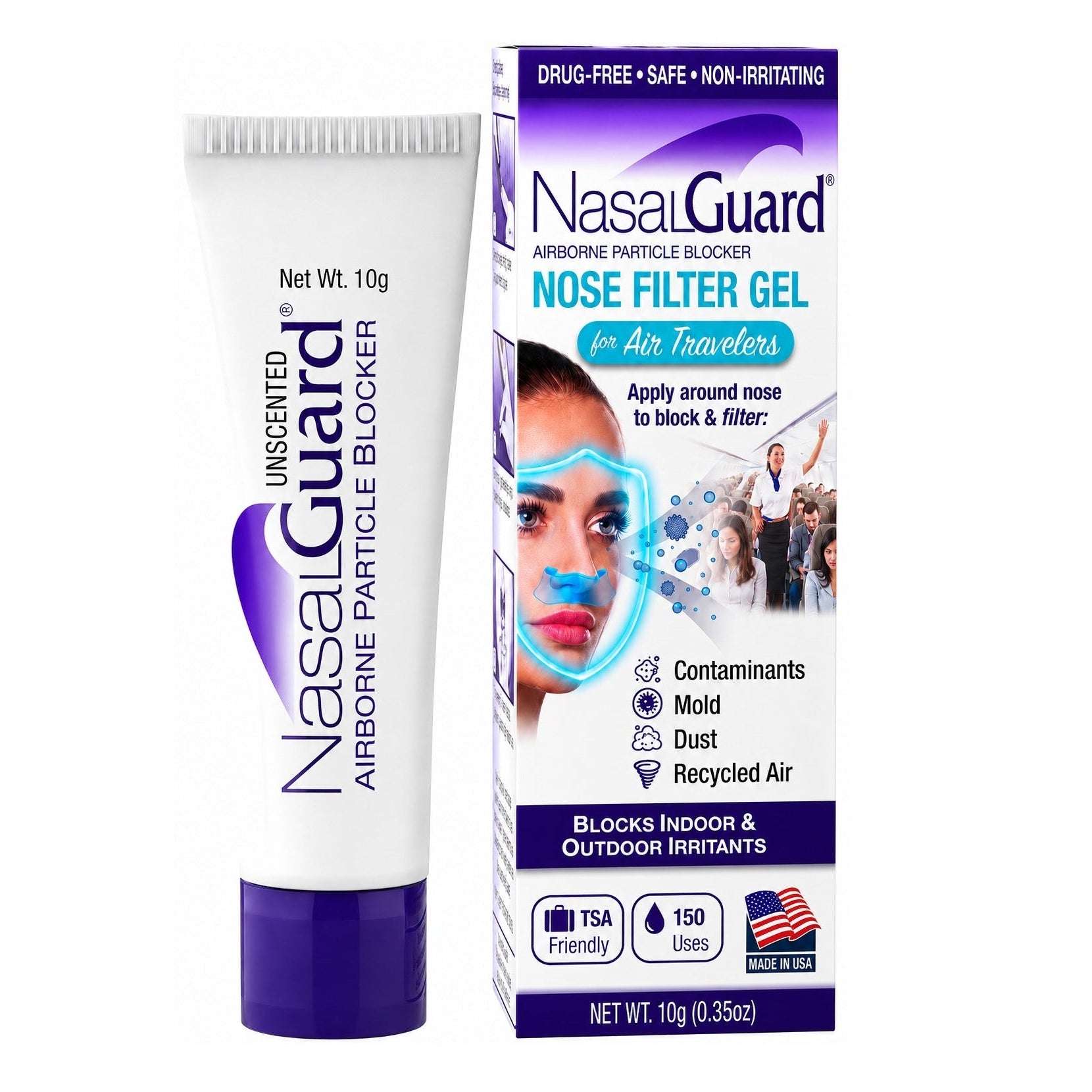 NasalGuard For Air Travelers, Airborne Particle Blocker | Unscented | 10g Tube